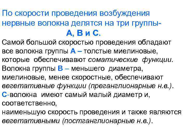 По скорости проведения возбуждения нервные волокна делятся на три группы. А, В и С.