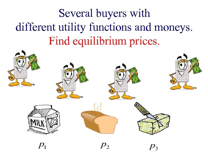 Several buyers with different utility functions and moneys. Find equilibrium prices. 