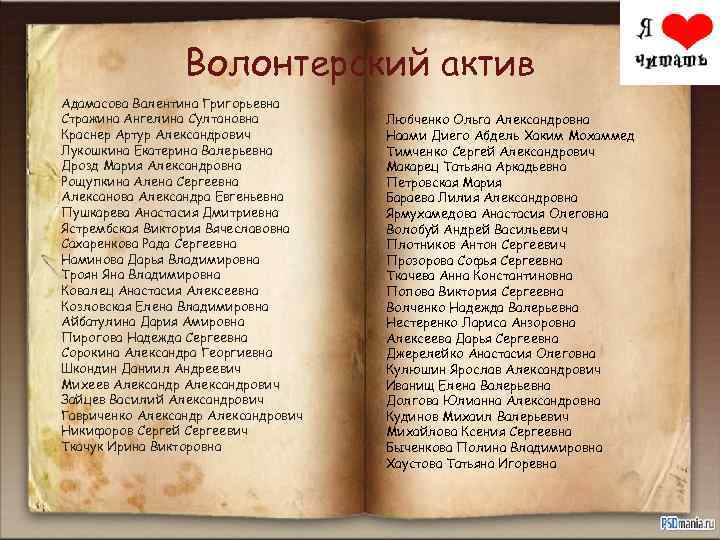 Волонтерский актив Адамасова Валентина Григорьевна Стражина Ангелина Султановна Краснер Артур Александрович Лукошкина Екатерина Валерьевна