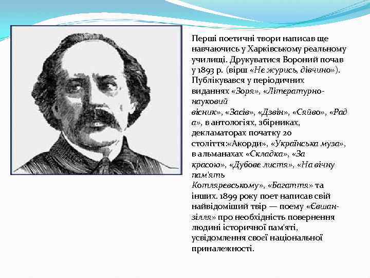 Перші поетичні твори написав ще навчаючись у Харківському реальному училищі. Друкуватися Вороний почав у