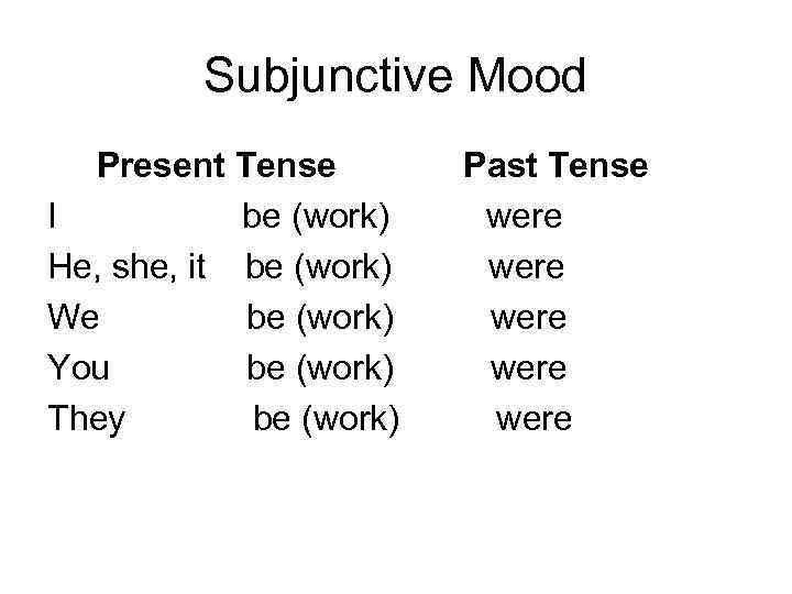 Subjunctive Mood Present Tense I be (work) He, she, it be (work) We be