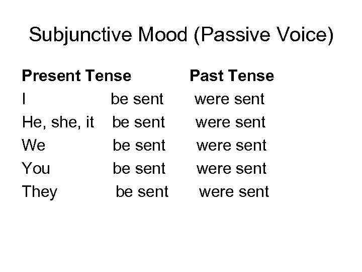 Subjunctive Mood (Passive Voice) Present Tense I be sent He, she, it be sent