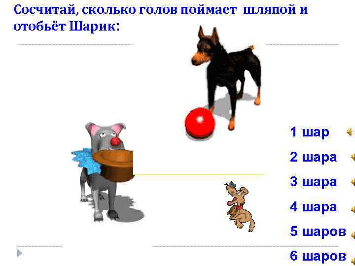 Сосчитай, сколько голов поймает шляпой и отобьёт Шарик: 1 шар 2 шара 3 шара