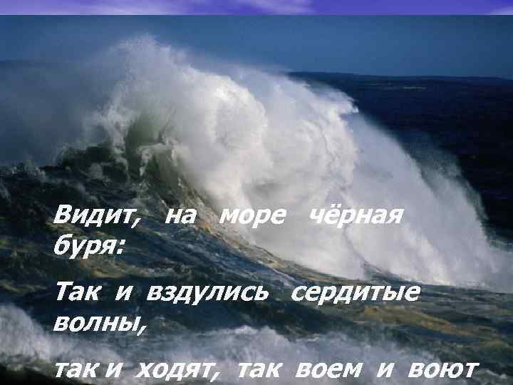Видит, на море чёрная буря: Так и вздулись сердитые волны, так и ходят, так