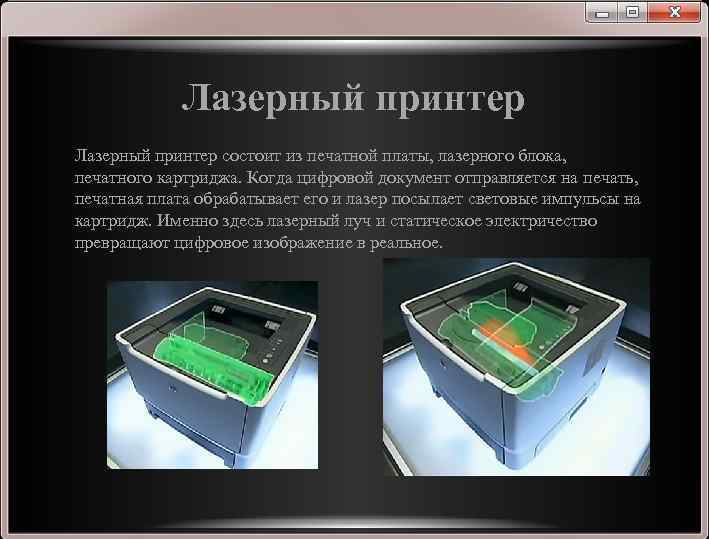 Лазерный принтер состоит из печатной платы, лазерного блока, печатного картриджа. Когда цифровой документ отправляется