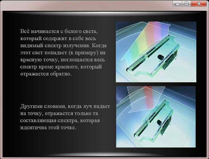 Всё начинается с белого света, который содержит в себе весь видимый спектр излучения. Когда