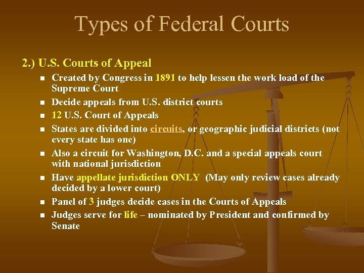 Types of Federal Courts 2. ) U. S. Courts of Appeal n n n