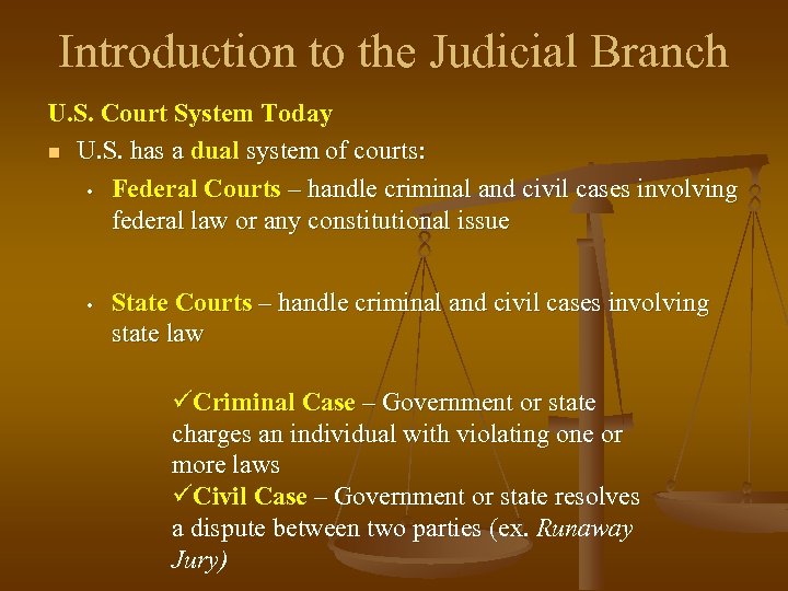 Introduction to the Judicial Branch U. S. Court System Today n U. S. has