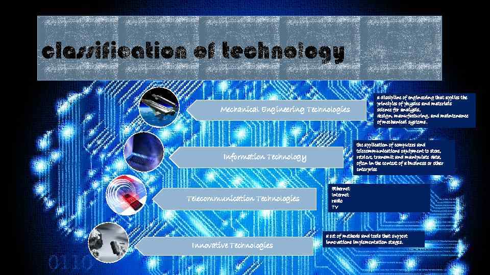 Mechanical Engineering Technologies the application of computers and telecommunications equipment to store, retrieve, transmit