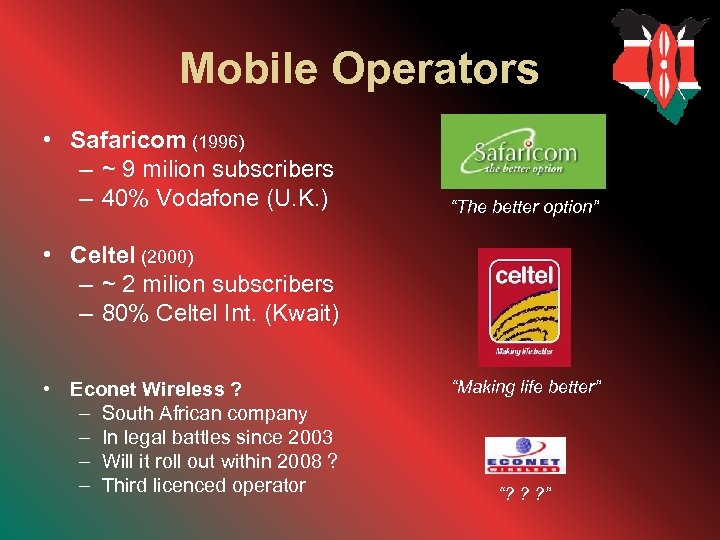Mobile Operators • Safaricom (1996) – ~ 9 milion subscribers – 40% Vodafone (U.