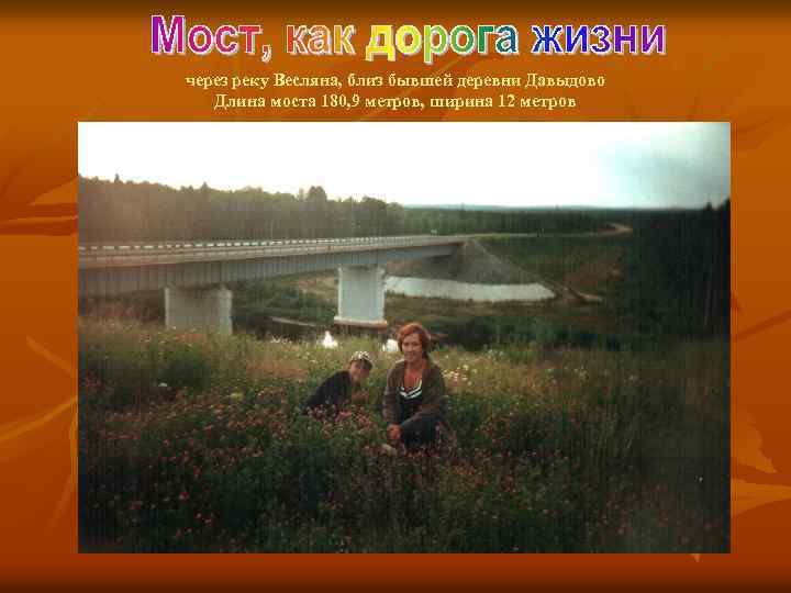 через реку Весляна, близ бывшей деревни Давыдово Длина моста 180, 9 метров, ширина 12