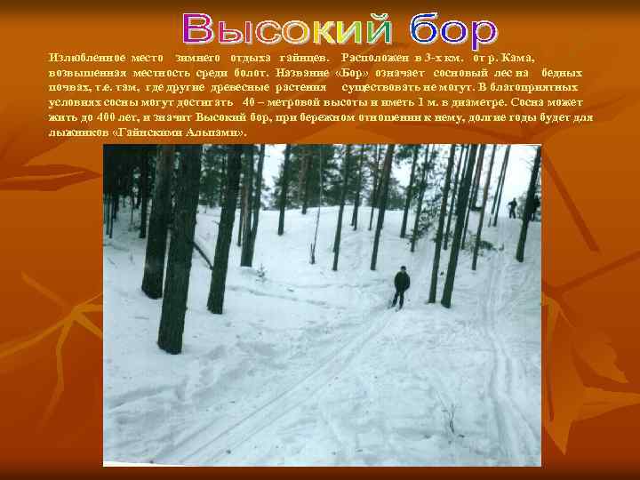 Излюбленное место зимнего отдыха гайнцев. Расположен в 3 -х км. от р. Кама, возвышенная