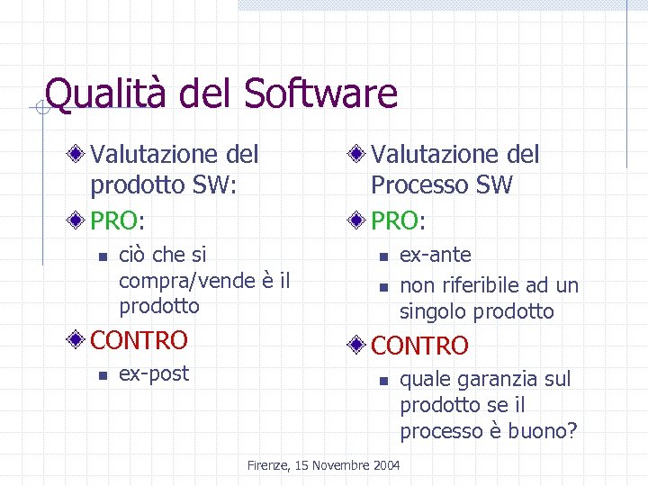 Qualità del Software Valutazione del prodotto SW: PRO: n ciò che si compra/vende è