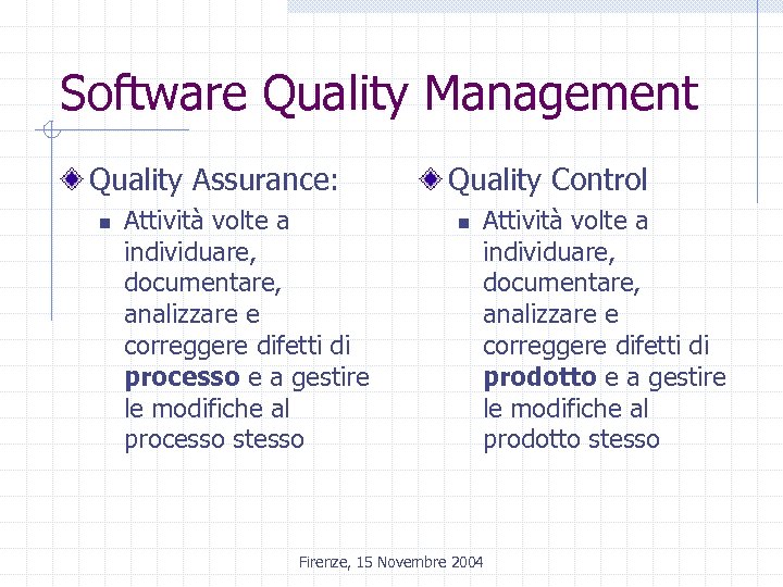 Software Quality Management Quality Assurance: n Attività volte a individuare, documentare, analizzare e correggere
