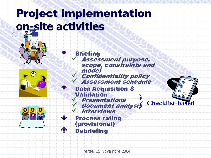 Project implementation on-site activities Briefing ü Assessment purpose, ü ü scope, constraints and model