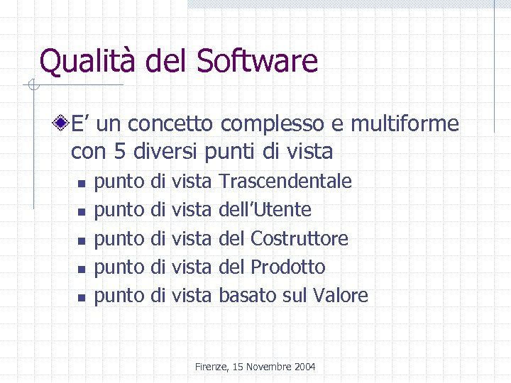 Qualità del Software E’ un concetto complesso e multiforme con 5 diversi punti di