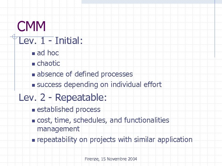 CMM Lev. 1 - Initial: ad hoc n chaotic n absence of defined processes