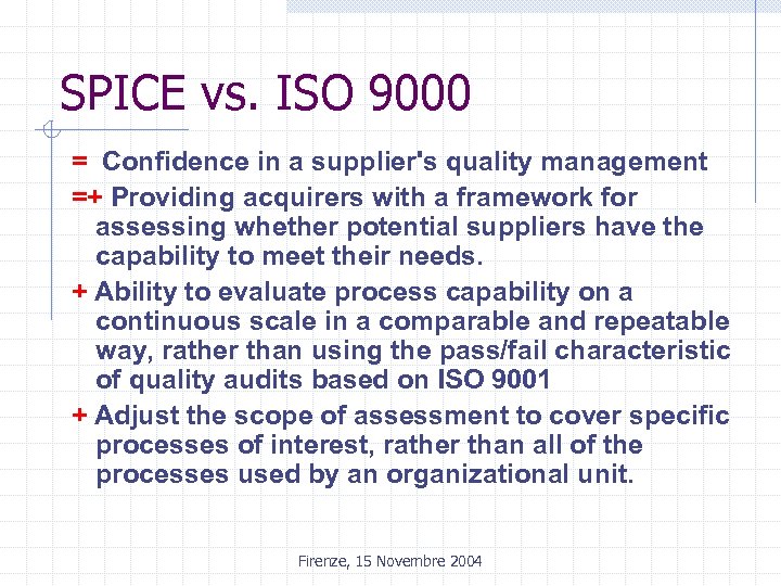 SPICE vs. ISO 9000 = Confidence in a supplier's quality management =+ Providing acquirers