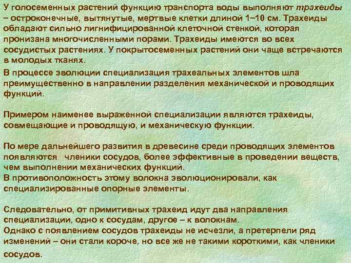У голосеменных растений функцию транспорта воды выполняют трахеиды остроконечные, вытянутые, мертвые клетки длиной 1