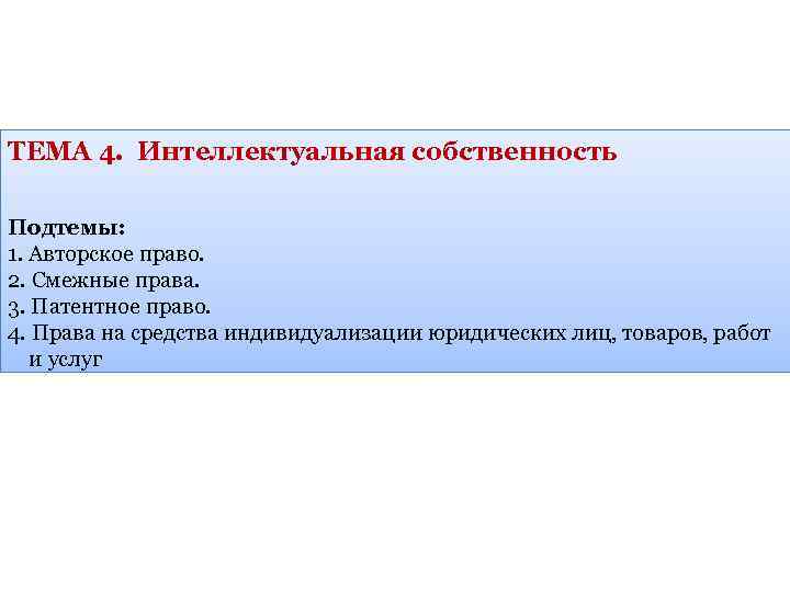 ТЕМА 4. Интеллектуальная собственность Подтемы: 1. Авторское право. 2. Смежные права. 3. Патентное право.