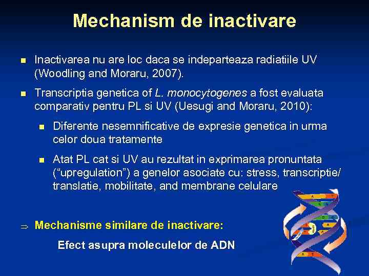 Mechanism de inactivare n Inactivarea nu are loc daca se indeparteaza radiatiile UV (Woodling