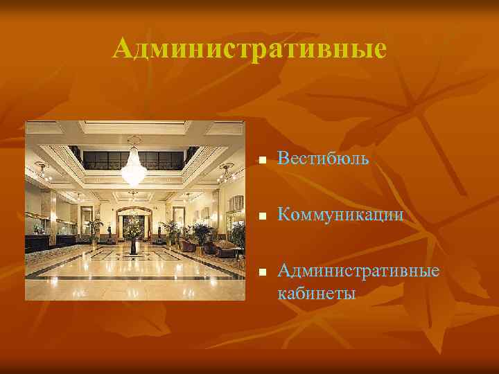 Административные n Вестибюль n Коммуникации n Административные кабинеты 