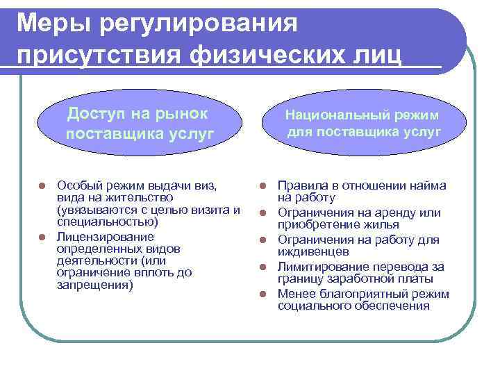 Меры регулирования присутствия физических лиц Доступ на рынок поставщика услуг Особый режим выдачи виз,