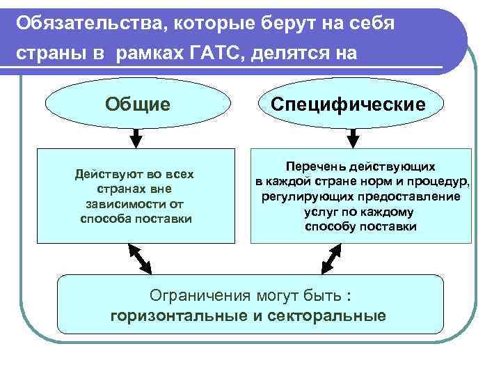 Обязательства, которые берут на себя страны в рамках ГАТС, делятся на Общие Действуют во