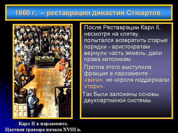1660 г. – реставрация династии Стюартов. После Реставрации Карл II, несмотря на клятву, попытался