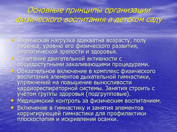Основные принципы организации физического воспитания в детском саду • Физическая нагрузка адекватна возрасту, полу