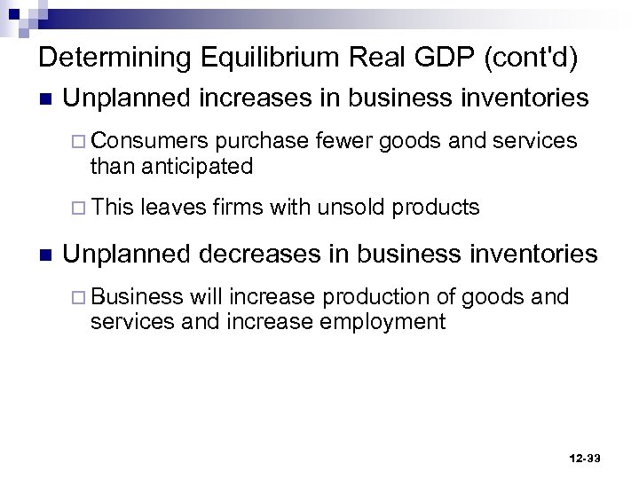 Determining Equilibrium Real GDP (cont'd) n Unplanned increases in business inventories ¨ Consumers purchase