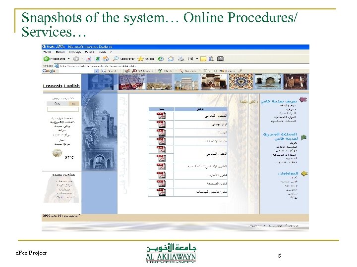 Snapshots of the system… Online Procedures/ Services… e. Fez Project 5 
