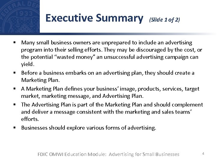 Executive Summary (Slide 1 of 2) § Many small business owners are unprepared to