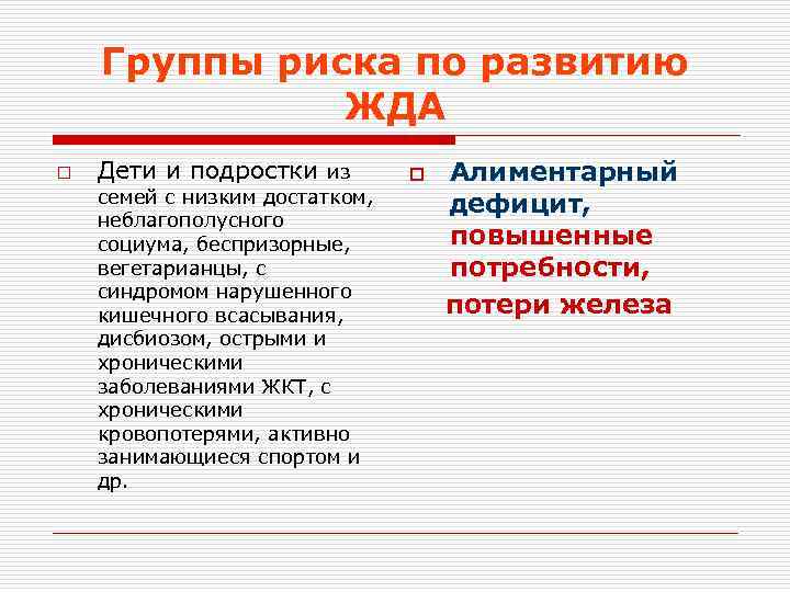 Группы риска по развитию ЖДА o Дети и подростки из семей с низким достатком,