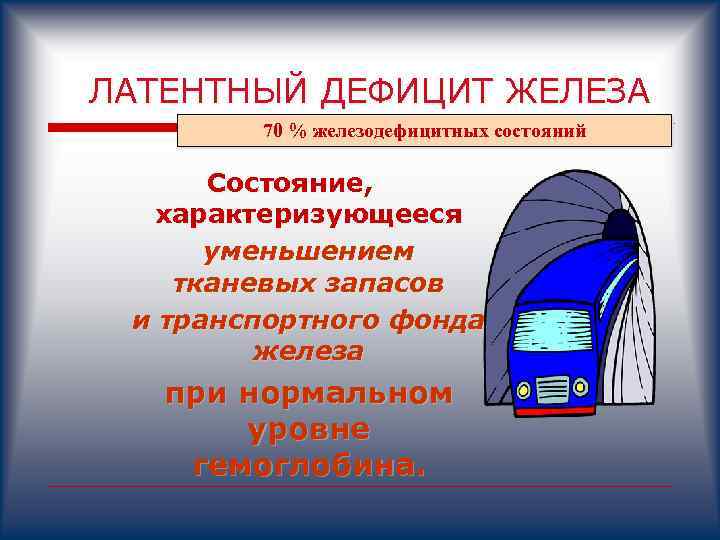 ЛАТЕНТНЫЙ ДЕФИЦИТ ЖЕЛЕЗА 70 % железодефицитных состояний Состояние, характеризующееся уменьшением тканевых запасов и транспортного