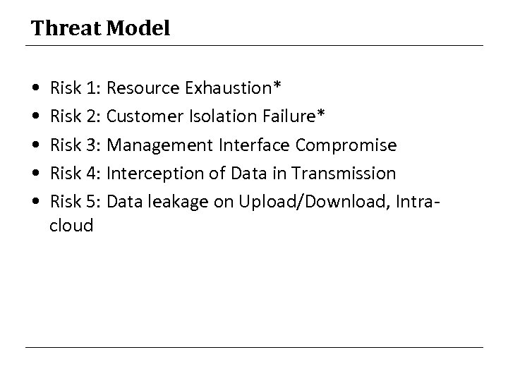 Threat Model • • • Risk 1: Resource Exhaustion* Risk 2: Customer Isolation Failure*