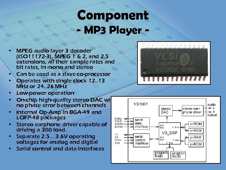 Component - MP 3 Player • MPEG audio layer 3 decoder (ISO 11172 -3),