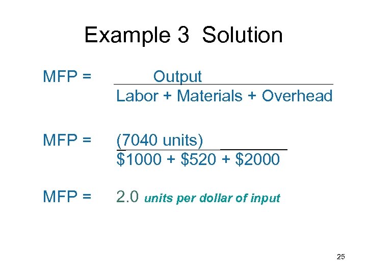 Example 3 Solution MFP = Output Labor + Materials + Overhead MFP = (7040