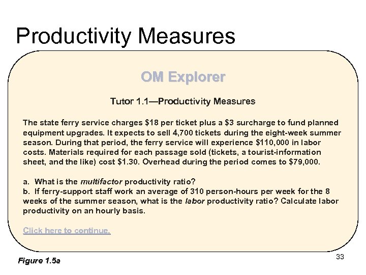 Productivity Measures OM Explorer Tutor 1. 1—Productivity Measures The state ferry service charges $18