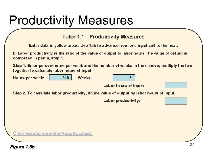 Productivity Measures Tutor 1. 1—Productivity Measures Enter data in yellow areas. Use Tab to