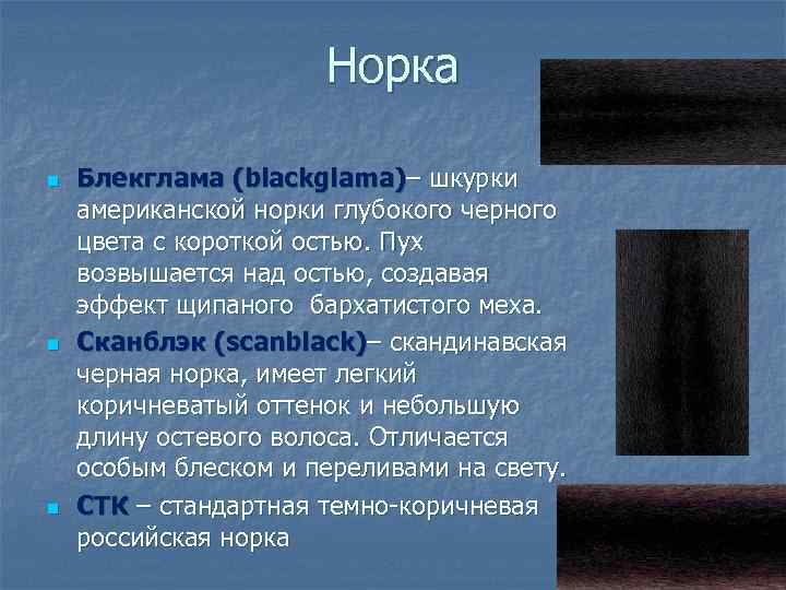 Норка n n n Блекглама (blackglama)– шкурки американской норки глубокого черного цвета с короткой