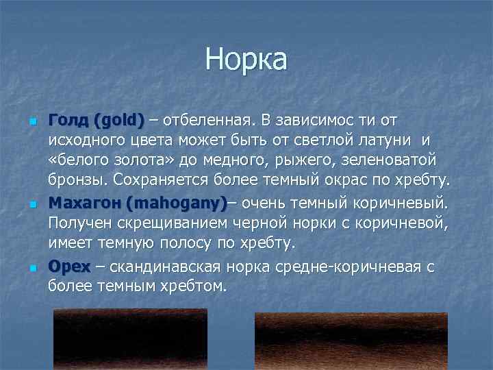 Норка n n n Голд (gold) – отбеленная. В зависимос ти от исходного цвета