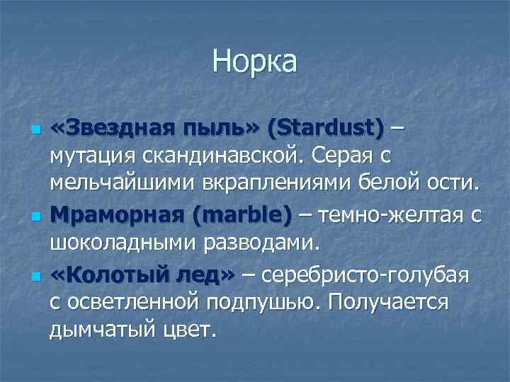 Норка n n n «Звездная пыль» (Stardust) – мутация скандинавской. Серая с мельчайшими вкраплениями