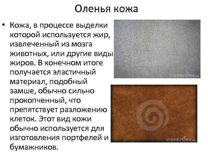 Оленья кожа • Кожа, в процессе выделки которой используется жир, извлеченный из мозга животных,