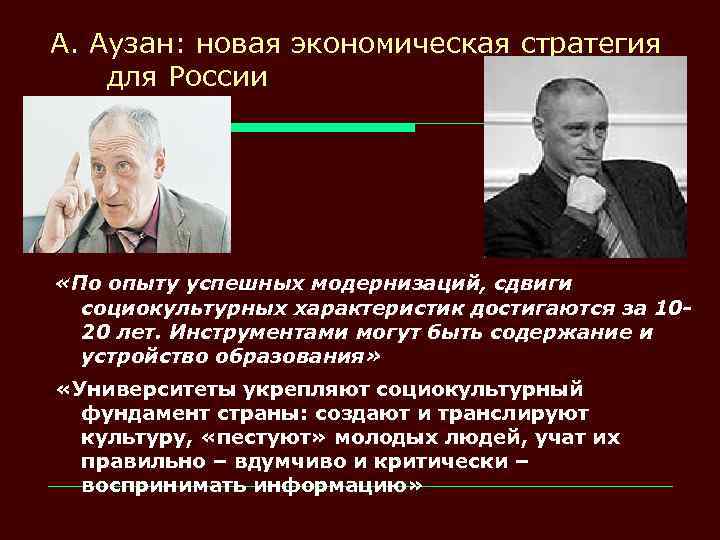 А. Аузан: новая экономическая стратегия для России «По опыту успешных модернизаций, сдвиги социокультурных характеристик