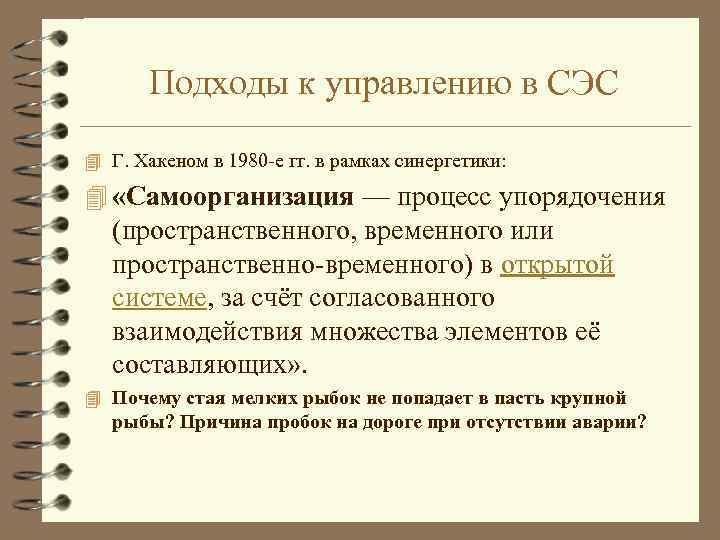 Подходы к управлению в СЭС 4 Г. Хакеном в 1980 -е гг. в рамках