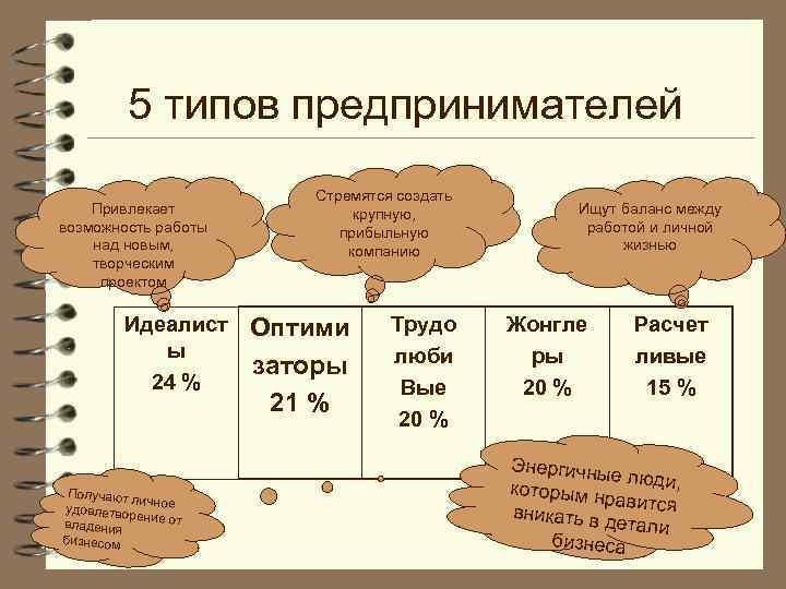 5 типов предпринимателей Привлекает возможность работы над новым, творческим проектом Идеалист ы 24 %