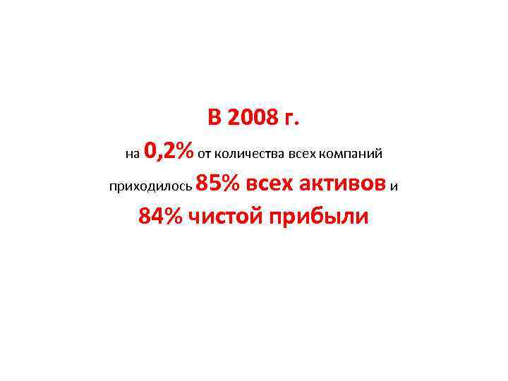 В 2008 г. 0, 2% от количества всех компаний приходилось 85% всех активов и