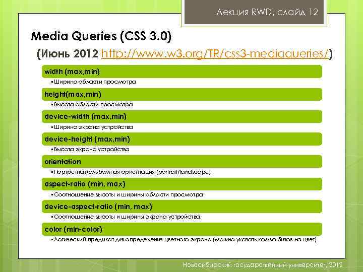 Лекция RWD, слайд 12 Media Queries (CSS 3. 0) (Июнь 2012 http: //www. w